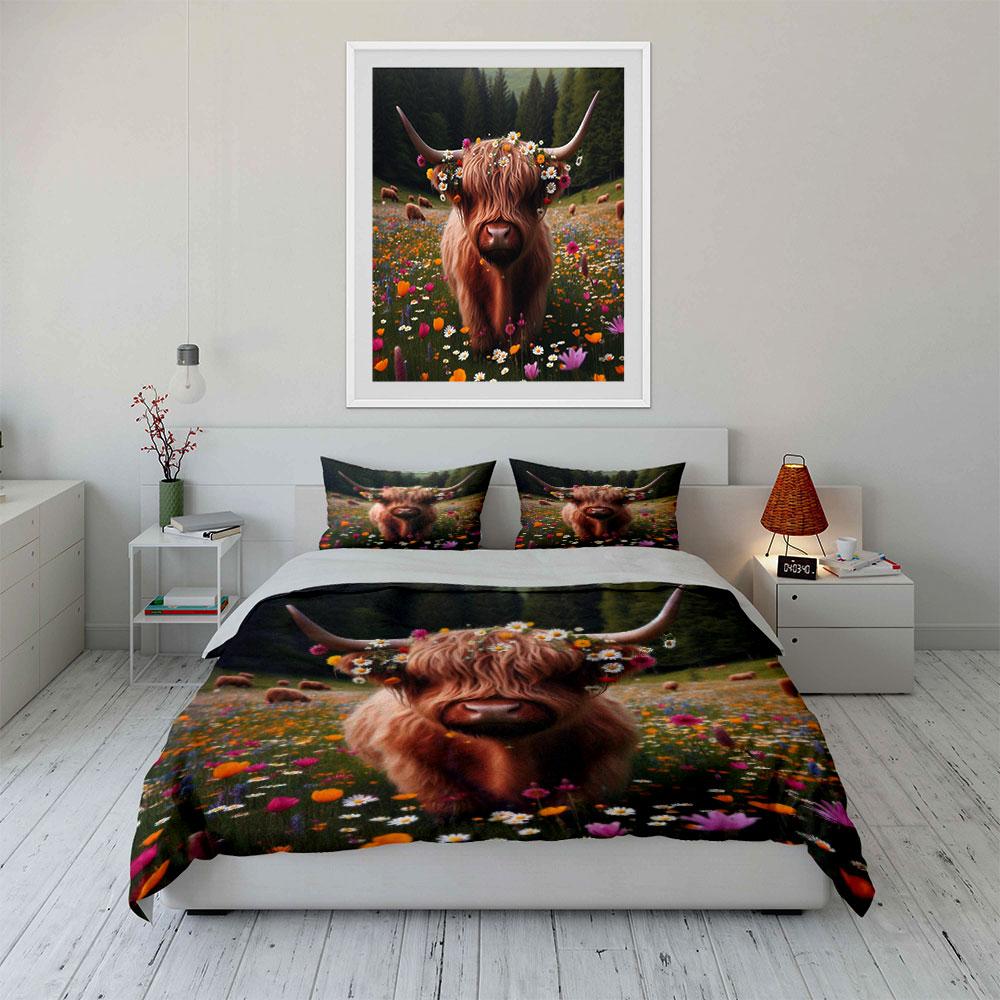 "Highland Cow Floral Art Set" Bedding Set with 1 Duvet Cover 2 Pillowcases Single Double King Queen, Gift