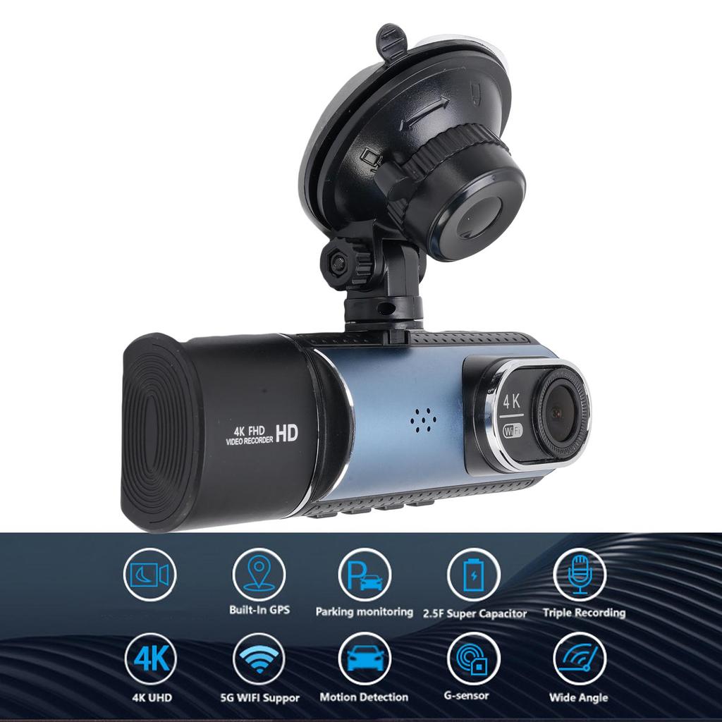 Dash Cam Front Rear Inside 3 Lens 4K HD Wide Angle Dashboard Camera Recorder with Built in WiFi 2.7 Inch Screen for Car