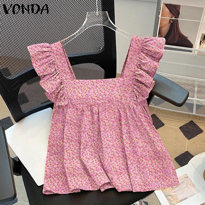 VONDA Summer Women Square Collar Sleeveless Strap Floral Print Ruffled Casual Tank Tops