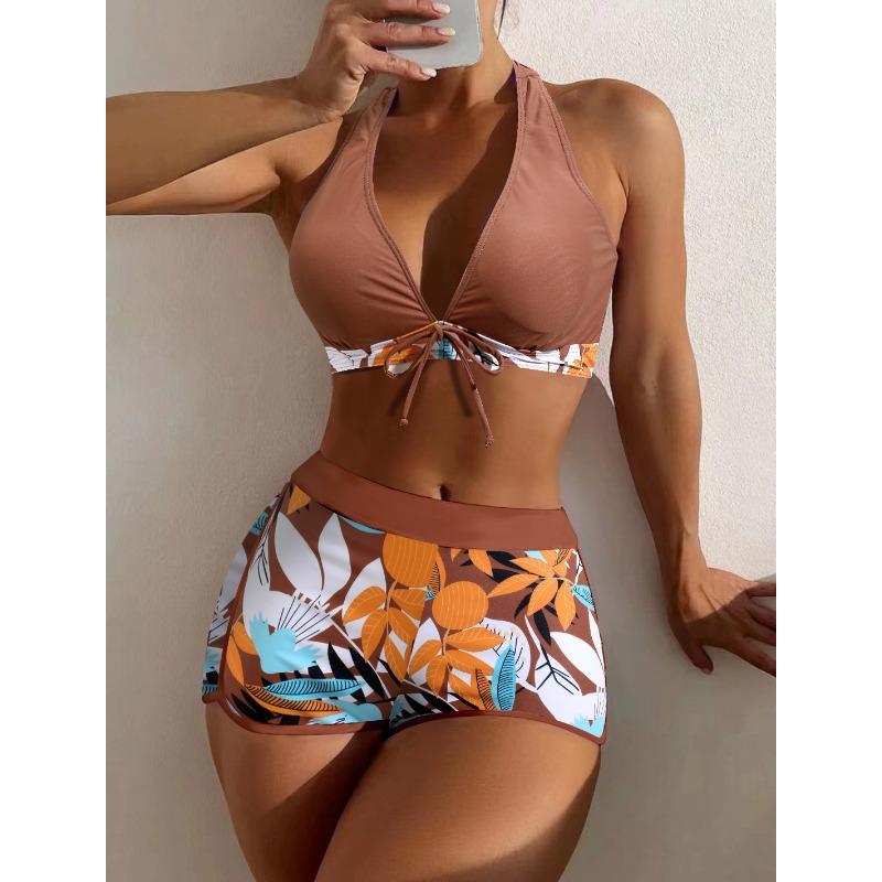 Fashion printed swimsuit new large size women's neck high waist flat angle conservative beach swimsuit