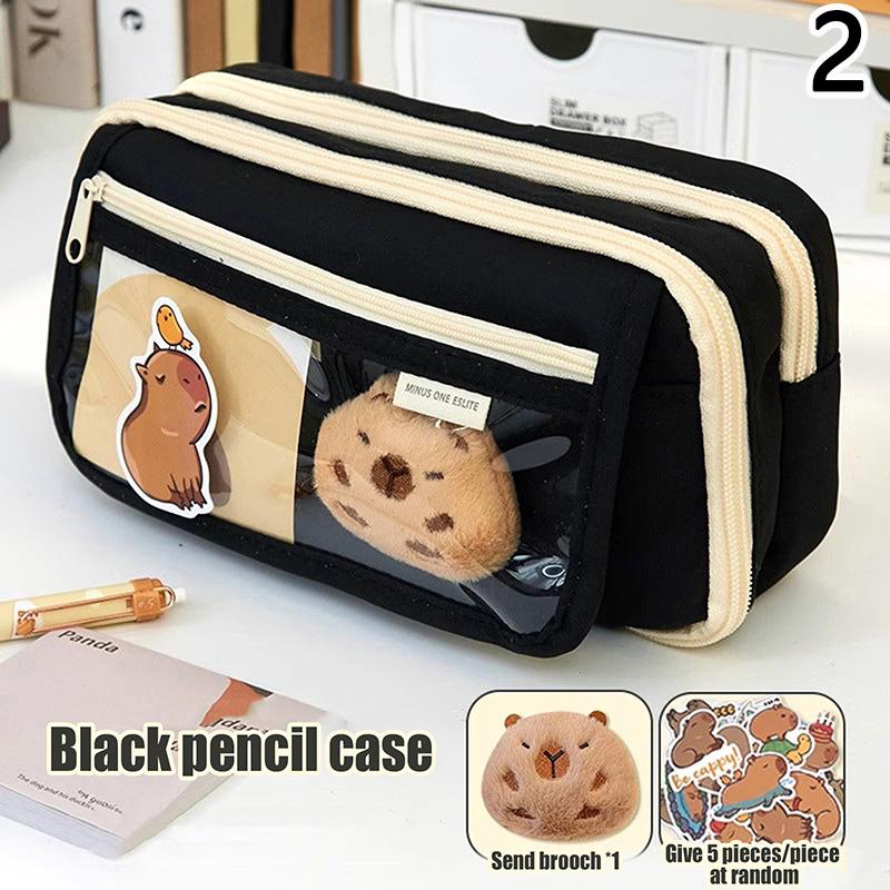 Пенал большой вместимости, милый пенал-органайзер с капибарой, с брошками и наклейками, детский пенал, косметичка с животным на молнии