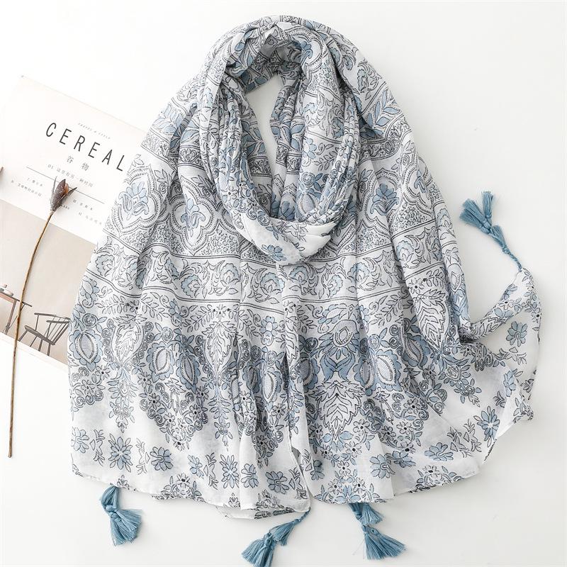 Синий шелковый шарф в стиле бохо с банановыми листьями - солнцезащитная шаль с кисточками