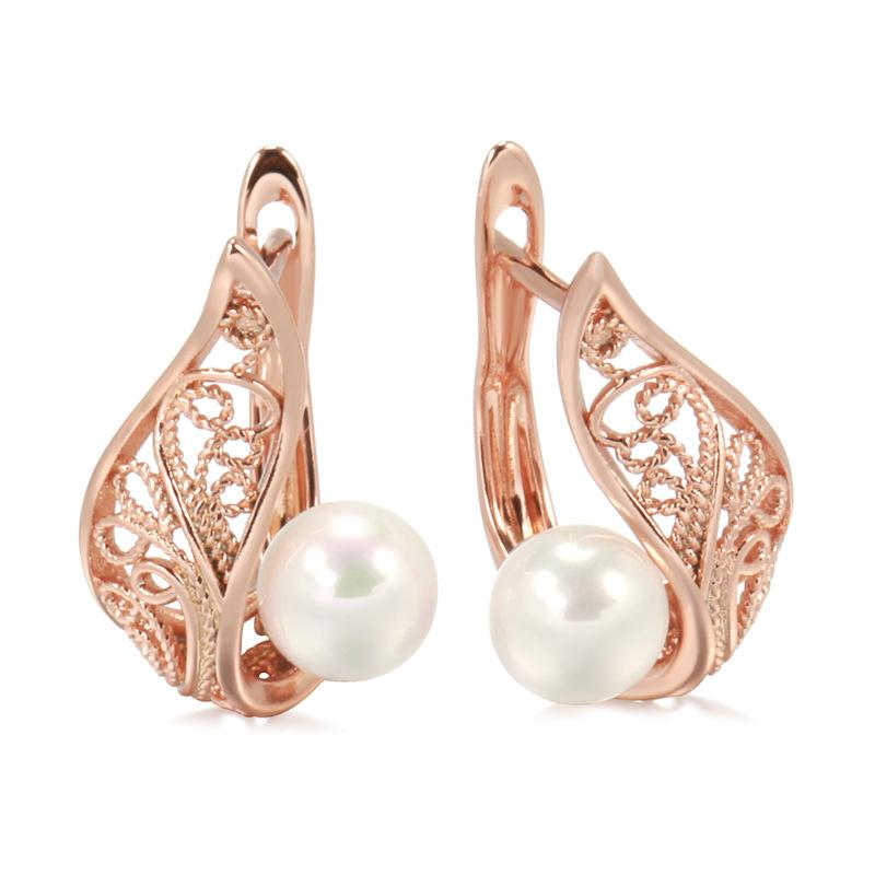 FJ Женщины Красота 585 Роза Смешанный Цвет Белого Золота Имитация Жемчуга Ювелирные Изделия Кубический Циркон Цветы Серьги-Подвески