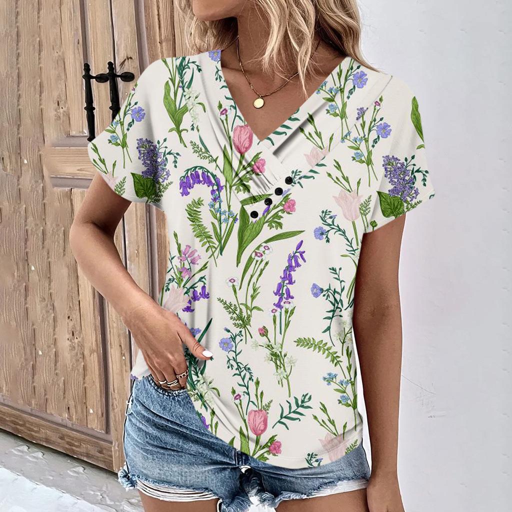 Летние женские топы с цветочным узором для женщин, удобные женские топы с v-образным вырезом и короткими рукавами, футболки большого размера