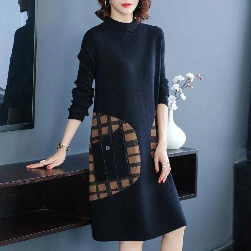 Платье для женщины Хлопок Зима Тепло Круглый вырез Длинный рукав Винтаж Повседневный С принтом Длинные Трикотажные платья-свитера стрейч