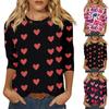 Women's Fashion Casual Round Neck 3/4 Sleeve Loose Valentine's Day Printed T-Shirt Ladies Top
