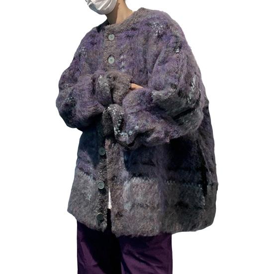 Осень-зима вязаный свитер кардиган однобортный круглый вырез ретро американский стиль толстый эластичный длинный рукав свободный теплый трикотаж повседневная одежда