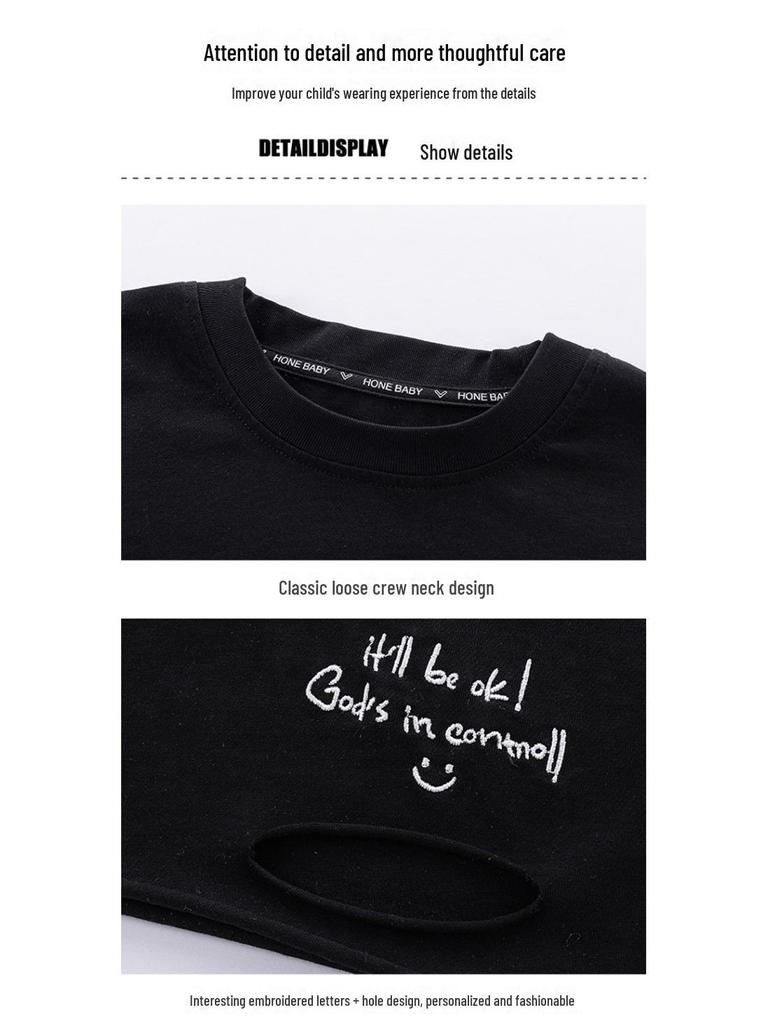 Корейская весенняя коллекция 2025 года: Свободная футболка с длинными рукавами и вырезами для мальчиков