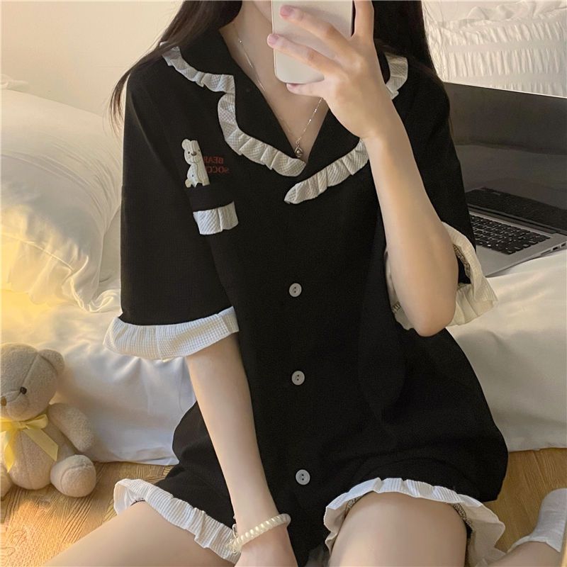 Летние пижамы, женские шорты с короткими рукавами, свободный кардиган с бантом, летний можно носить как домашний комплект одежды