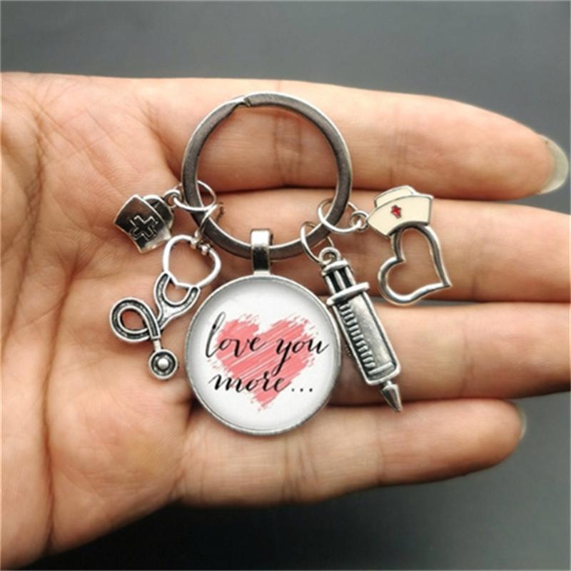 1Pc Nurse Medical Syringe Keychain Glass Key Ring Pendant Stethoscope Pattern Keychain Gift