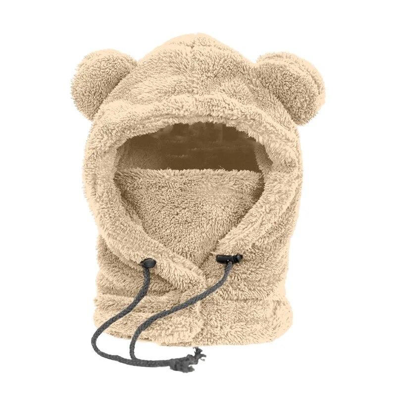 Зимние милые мультяшные плюшевые шапки с медвежьими ушками, Балаклава, теплая детская шапка с капюшоном в виде медведя, защитная шапка для ушей, ветрозащитная толстая теплая крышка на шею