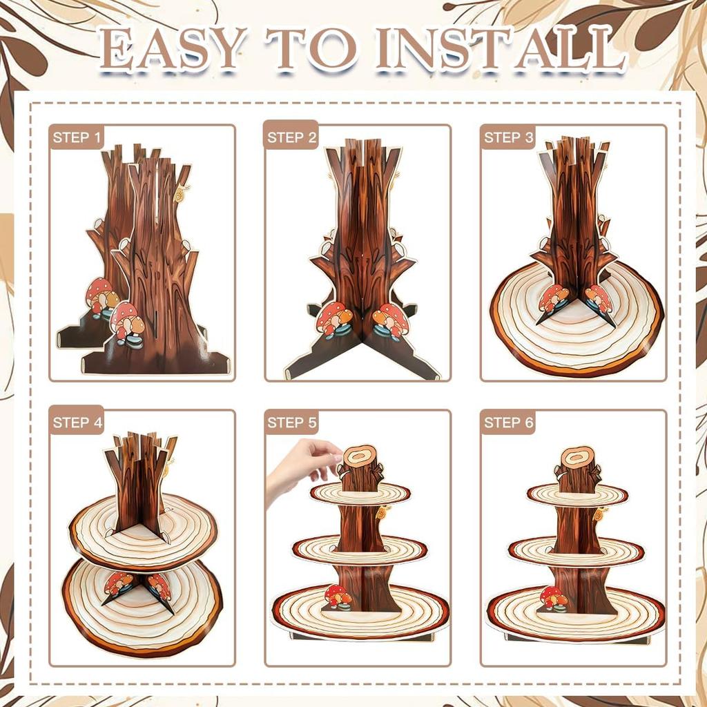 Wooden 3 Tier Cupcake Stand, Wood Style Cake Stand for Party Decorations Baby Shower Decoration, Enchanted Forest Safari Birthday Cupcake Decorations