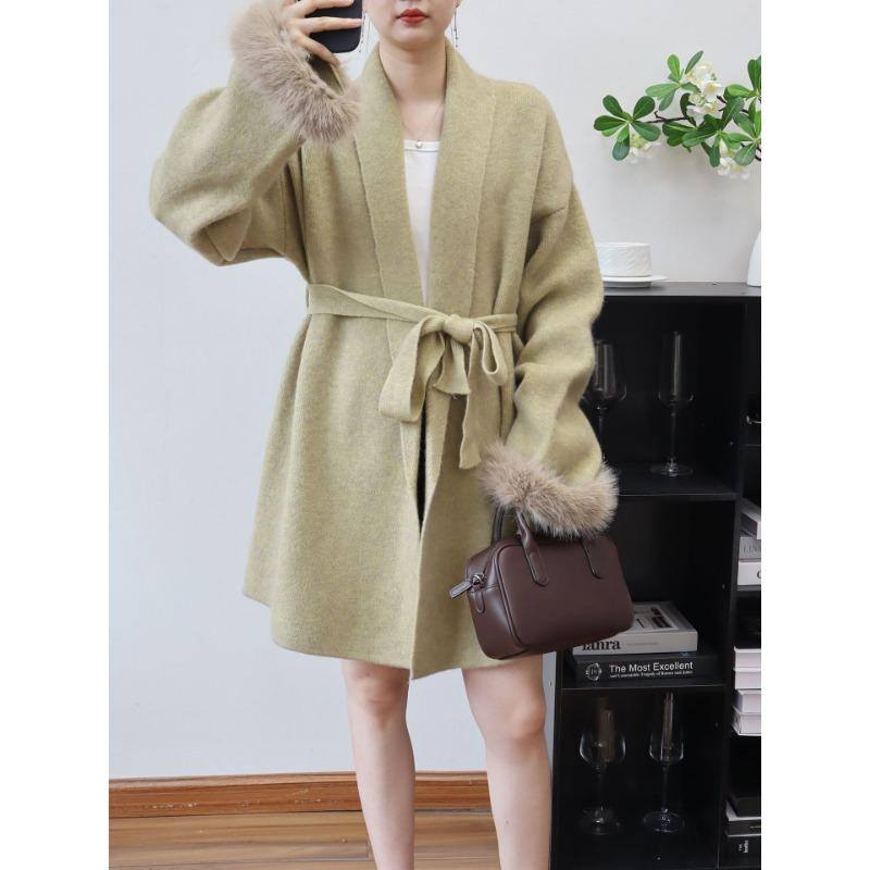 Thickened Splicing Wool Sleeve Lace-up Knitted Cardigan Autumn and Winter New Temperament High-end Sweater Jacket Women
