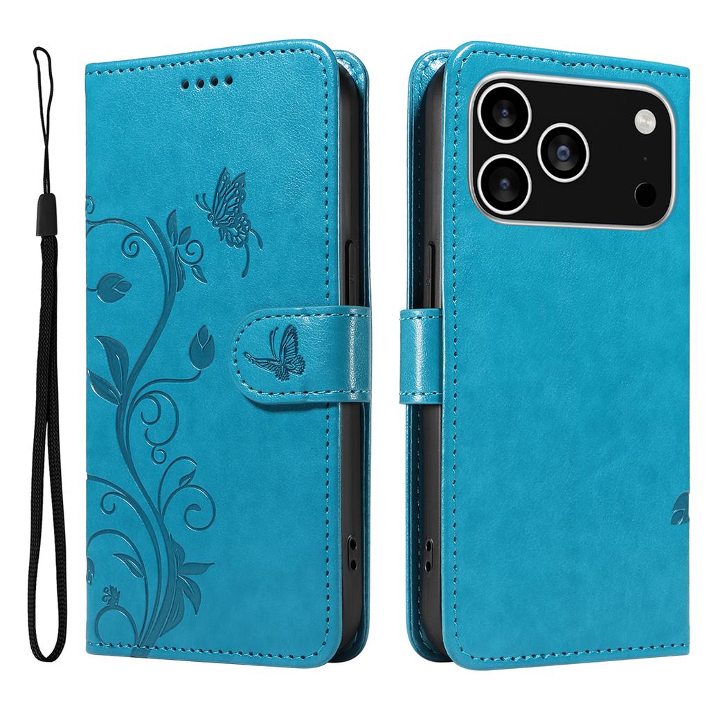 For iPhone 17 Pro PU Leather Cases Flower Pattern Wallet Stand Phone Cover with Strap