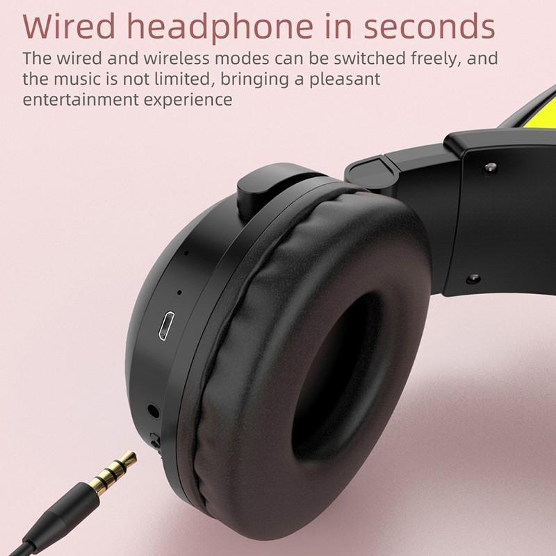 Foldable Head-mounted Cat Ear LED Glowing Gaming Headset Heavy Bass Bluetooth 5.0 Earphones True Wireless Headphone with Microphone