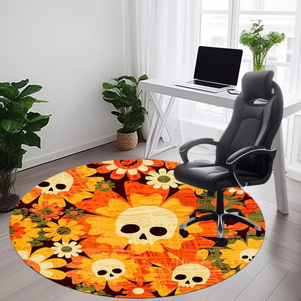 1pc Skull Flowers Office Round Area Rug, Mat Suitable For Office, Under Office Chairs Bedroom Living Room Home Decor, Room Deco