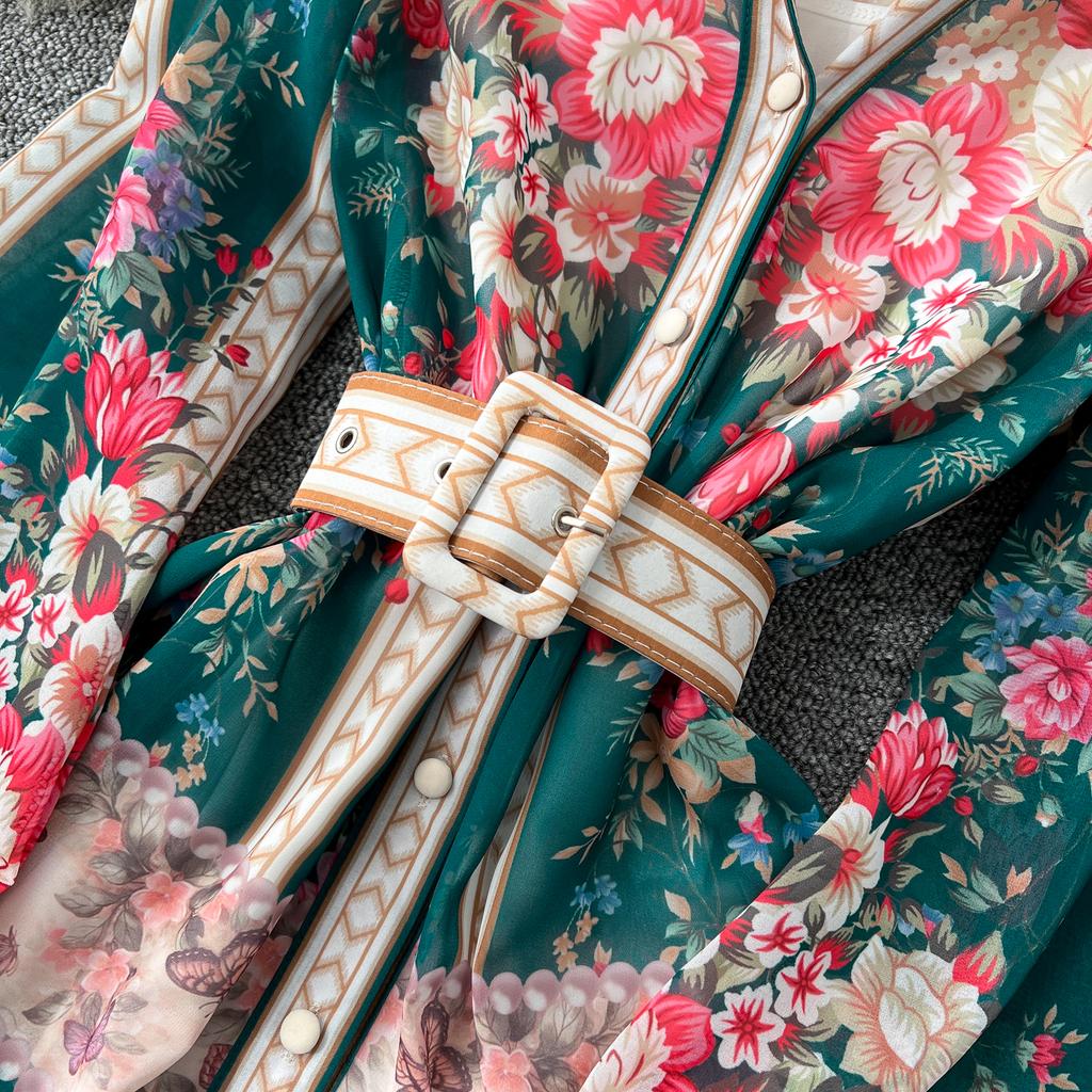 Spring Summer Women V-neck Vintage Print Chiffon Runway Dress Single Breasted Long Maxi Loose Holiday Beach Dresses with Belt
