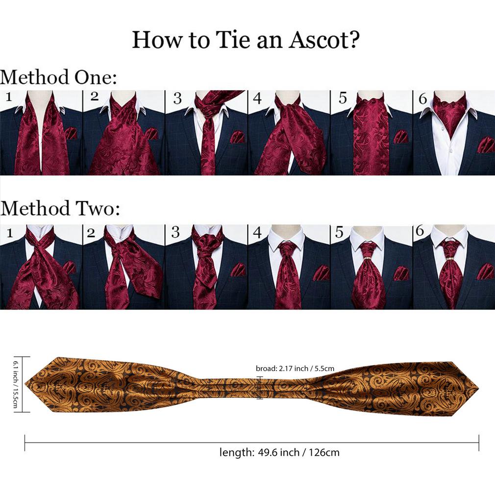 Barry.Wang Ascot Tie for Men Black&Gold Woven Silk Paisley Floral Cravat Pocket Square Cufflinks Set