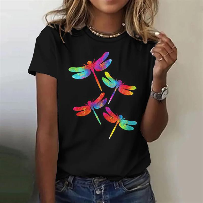 Летняя модная блузка, женская футболка с принтом стрекозы, топ с круглым вырезом и коротким рукавом, модная футболка, повседневная футболка, женская одежда