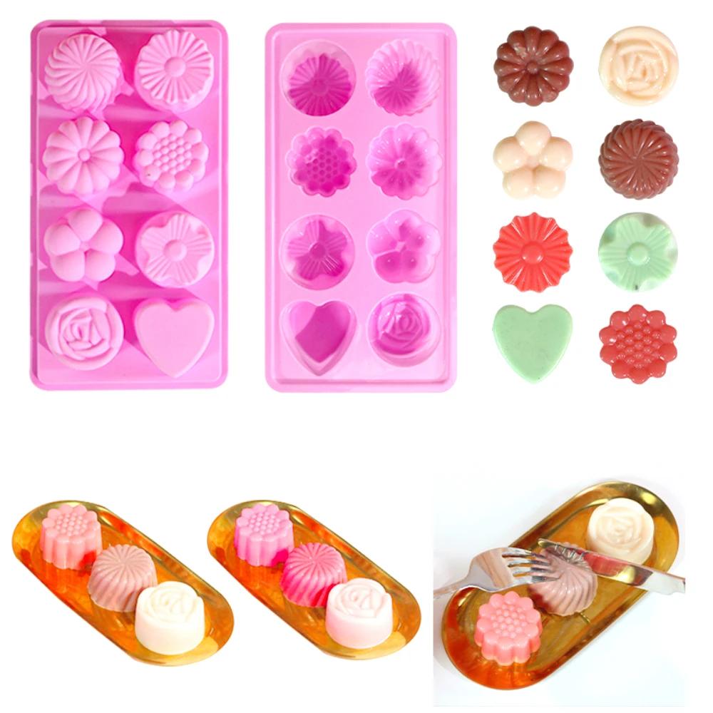 8 Holes Rose Flower Pudding Silicone Molds DIY Heart Mousse Cake Making Tray Love Shape Candle Soap Moulds Daisy Chocolate Gifts