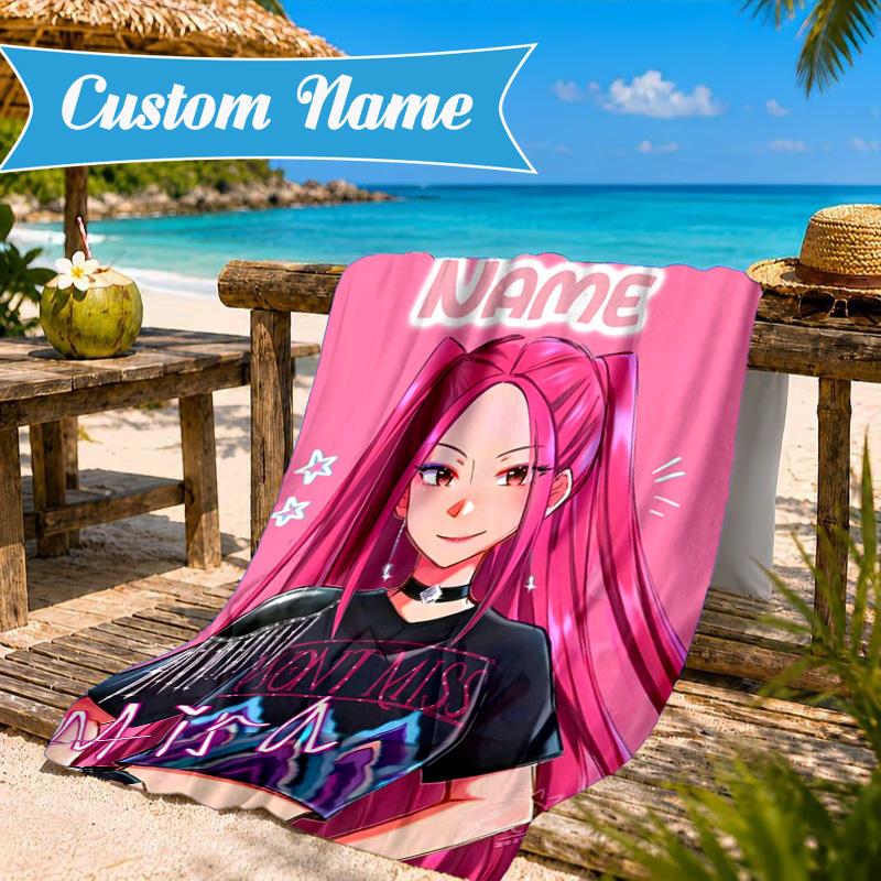 Custom Name KPop Cartoon Beach Towel Microfiber Beach Towel, Lightweight and Quick-Dry, for Summer Travel, Swimming Pool Gift