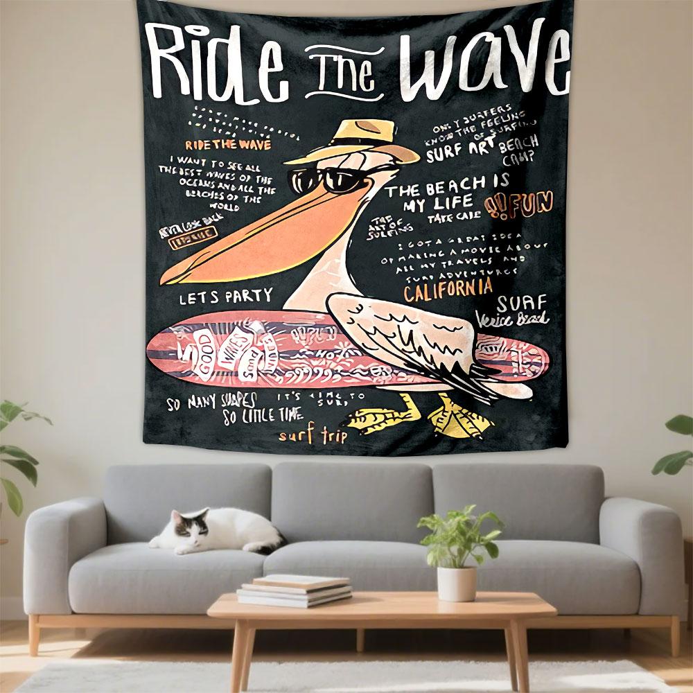 Ride the Wave Surf Art Tapestry Wall Hanging, California Beach Poster, Bohemian Wall Decor for Bedroom Living Room Dorm