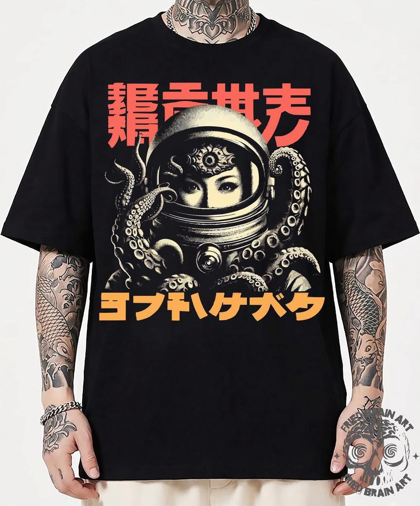 Camiseta gráfica de astronauta y extraterrestre: estilo de ciencia ficción japonés