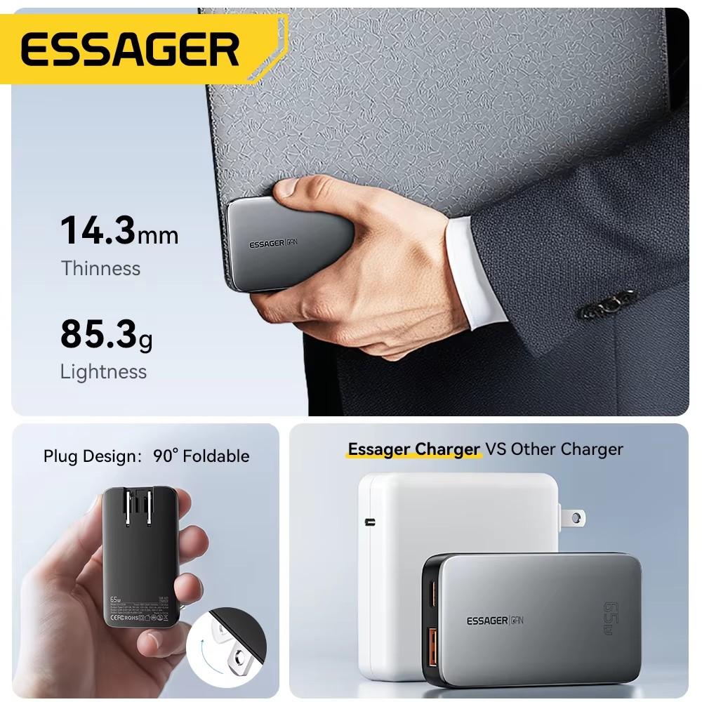 Essager 65W GaN Charger USB Type C Quick Charge 3.0 Fast Charger for iPhone 15 14 Xiaomi Samsung Ipad Macbook Tablet PD Charger