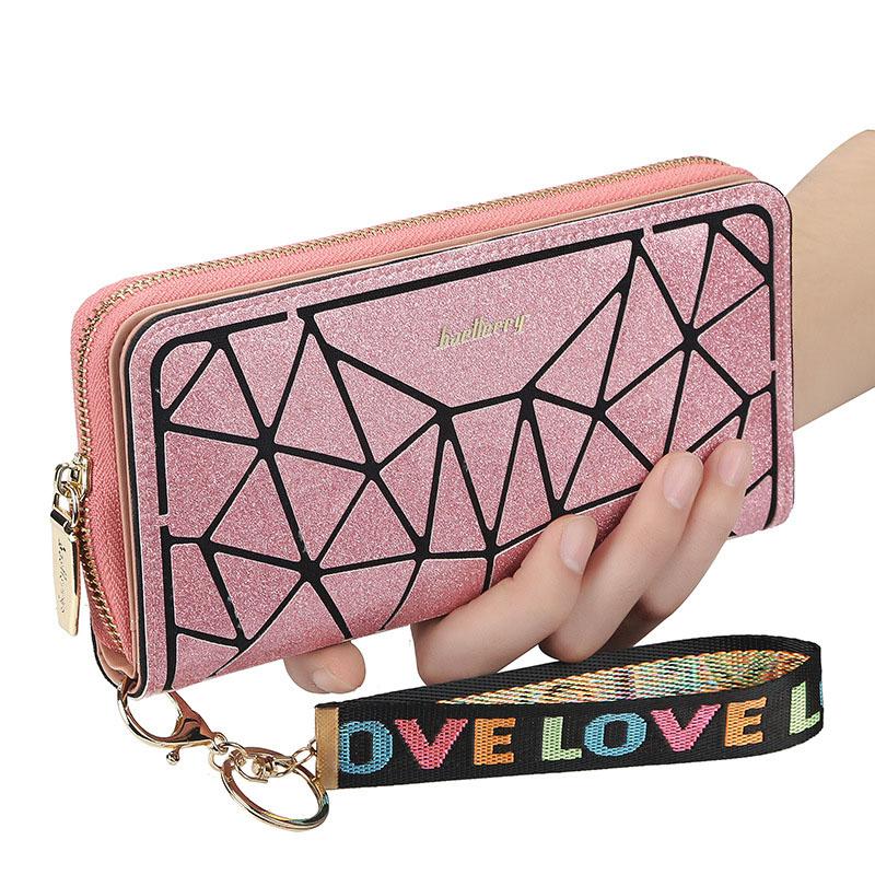 Women's Fashion Shiny Long Wallet with Lanyard Pu Leather Clutch Bag Zipper Cell Phone Bag Ladies Multi-card Coin Purse