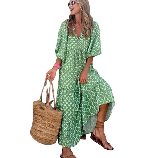 Женское платье с V-образным вырезом и рукавами-пузырьками три четверти с геометрическим принтом, свободное лоскутное платье трапециевидной формы большого размера