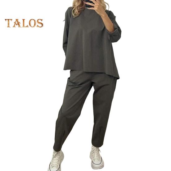 2 шт./комплект женский свитер брюки комплект круглый вырез длинный рукав топ эластичный пояс широкие спортивные штаны спортивный наряд осень повседневная одежда для поездок на работу