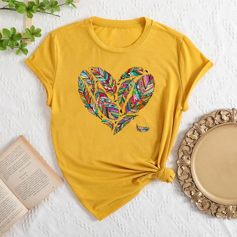 Летние женские футболки больших размеров с принтом в виде перьев и сердец, свободные, с круглым вырезом, повседневные, из чистого хлопка, с короткими рукавами, женские