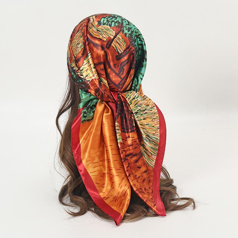Satin Square Scarf Women Muslim Hijab Elegant Print Silk Neckerchief Shawl Wraps Headband Handle Hair Accessories Bandana