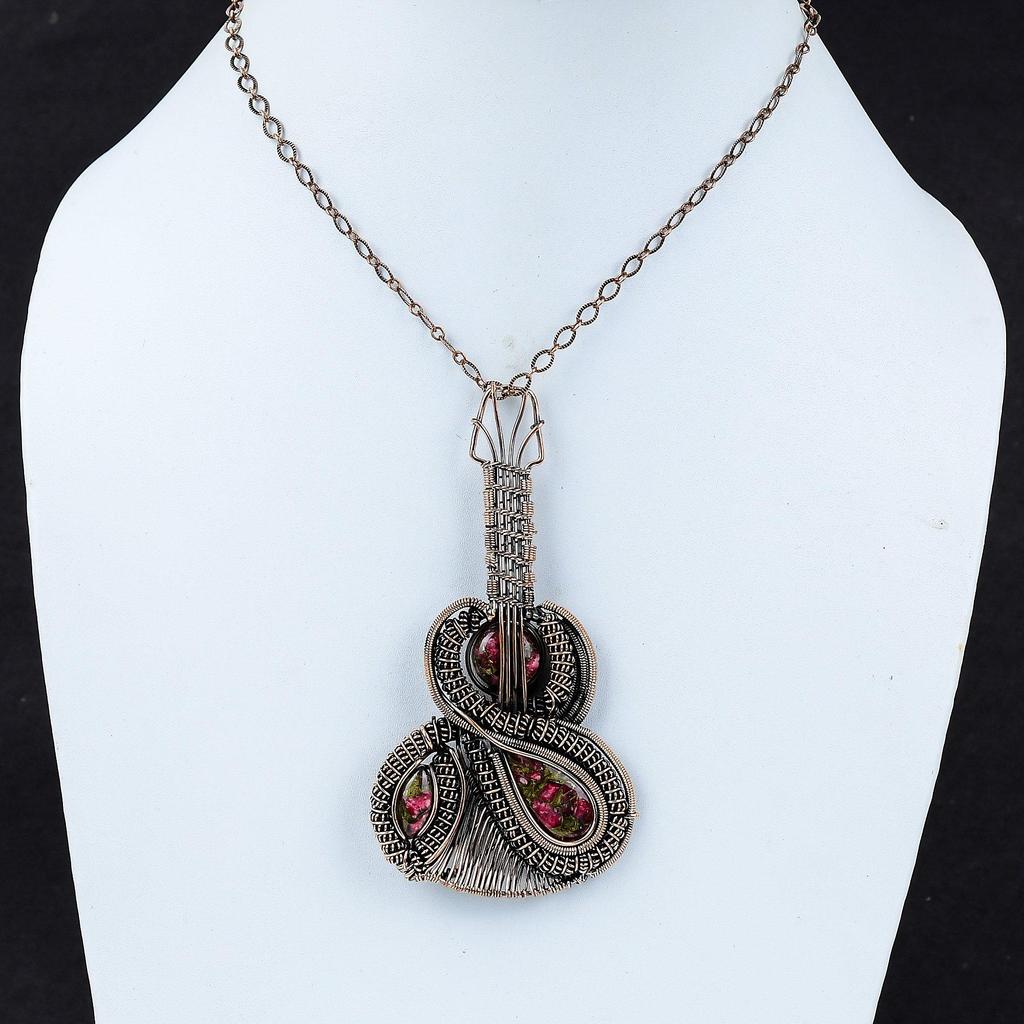 Copper Thulite Pendant Copper Wire Wrapped Pendant Guitar Pendant Thulite Jewelry Handmade Gemstone Pendant Copper Wire Jewelry Wedding Gift