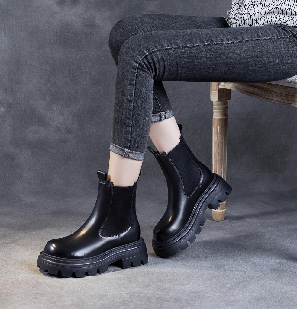 Ботинки женские [ZUYEE] челси короткой высоты из натуральной толстой кожи на резинке по бокам, кожаные, подошва, ботинки, ботинки, улучшение, ноги, черные, 24.5см