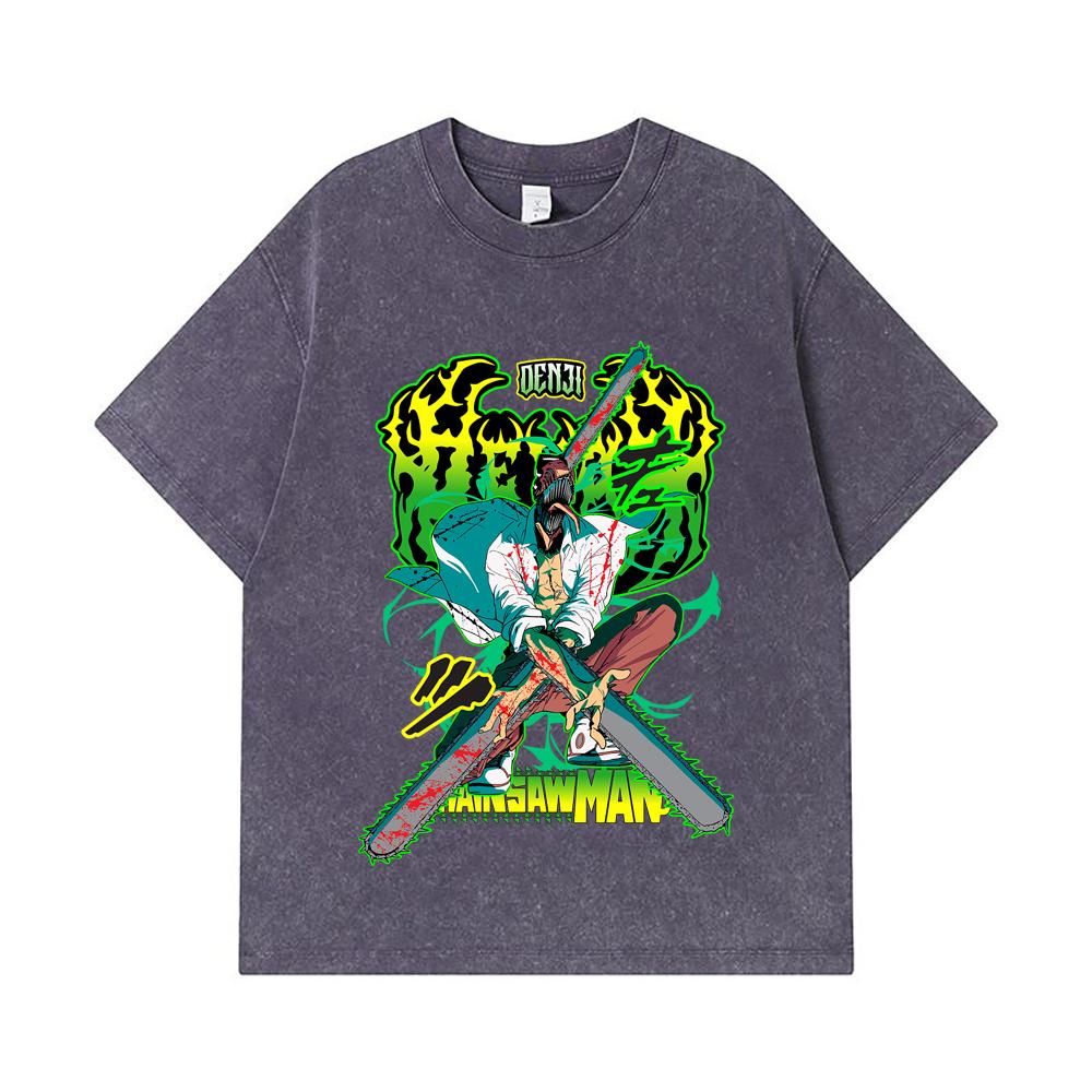 275 GSM Washed T-shirts 100% Cotton Chainsaw Man V36 Denji Pochita Print Unisex Heavy Cotton T Shirt
