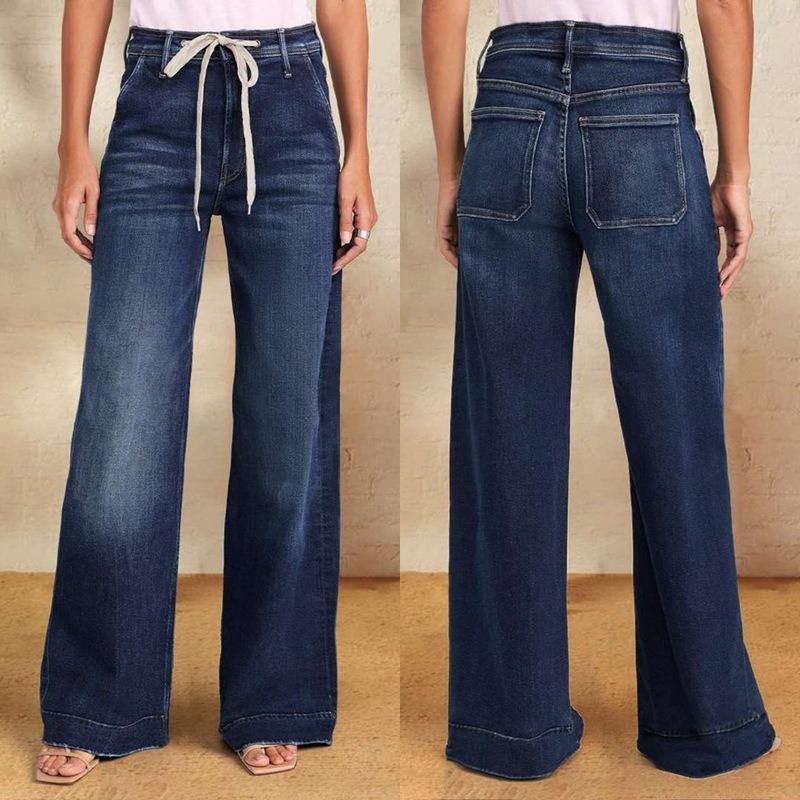 Women's New Spring Lace-up Stretch Jeans Straight Temperament Models Wide-leg Trousers