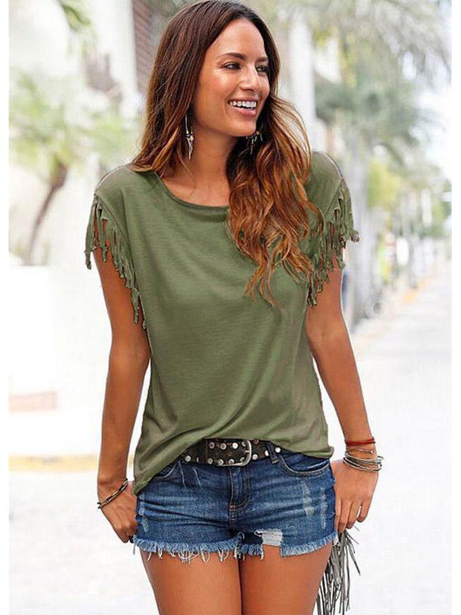 Женская футболка большого размера с круглым вырезом, короткими рукавами, кисточками и узлом