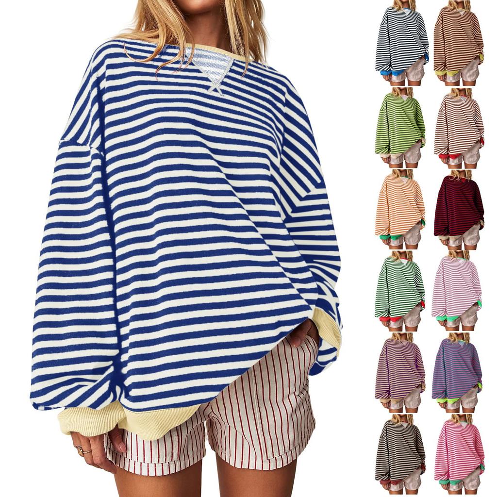 Women's Oversized Striped Color Blocking Long Sleeved Round Neck Sports Shirt Casual Loose Fitting Pullover Shirt Top