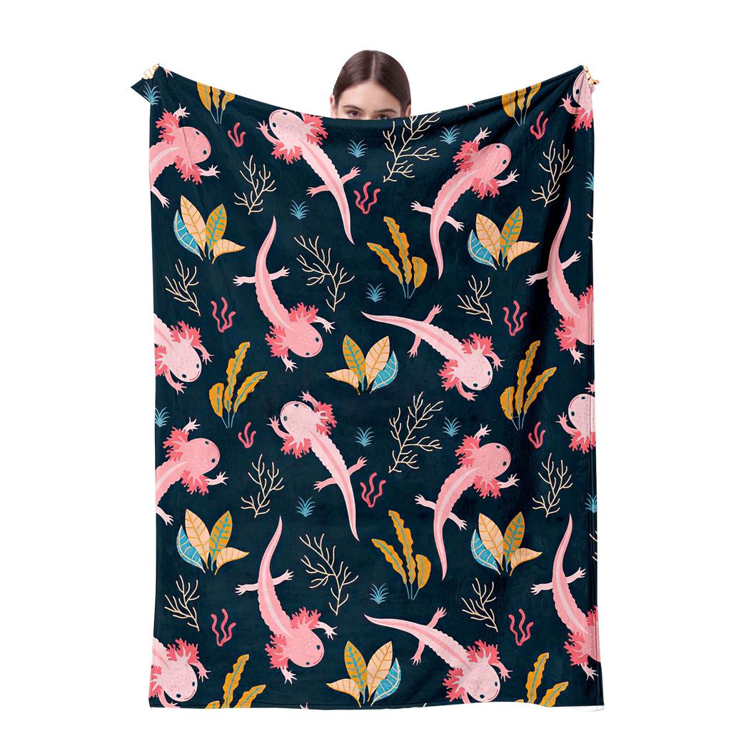 Cartoon Axolotl Blanket Kawaii Ocean Animal Throw Blankets for All Season Seaweed Aquarium Soft Flannel Sofa Blanket for Kids