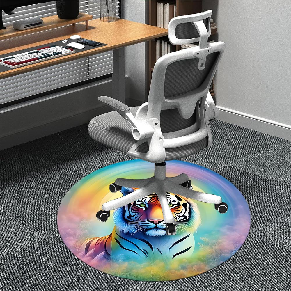 1pc Rainbow Tiger Print Chair Carpet for Office, Round Polyester Mat, Indoor Decor for Office, Washable Non-slip Carpet yy251219067