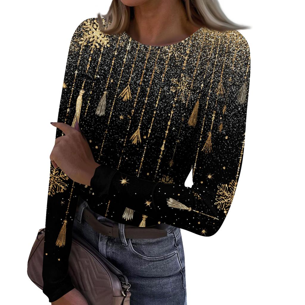 Women's Fashion Slim-Fit Round Neck Base Layer T-Shirt Christmas Print Long-Sleeved Top