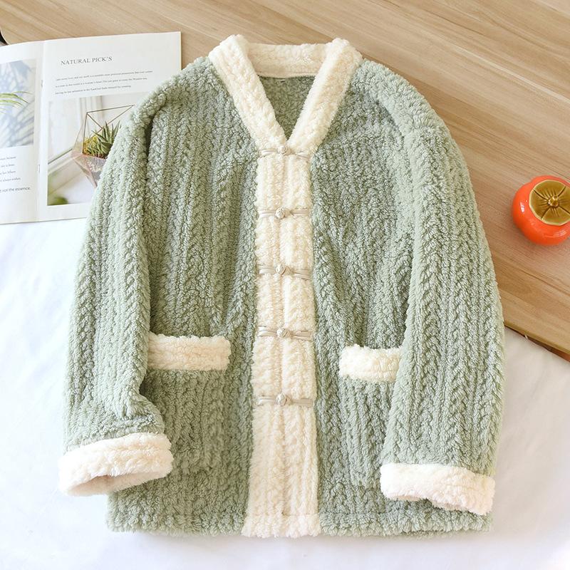 New Autumn Winter Women's 2PCS Pajamas Suit Flannel V-Neck Thickened Warm Long Sleeved Cardigan Sleepwear Loose Homewear