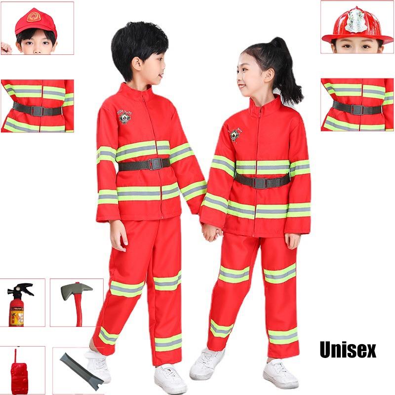 Детский костюм пожарного для переодевания, красный полиэстер, набор костюма пожарного с поясом и кепкой-уточкой