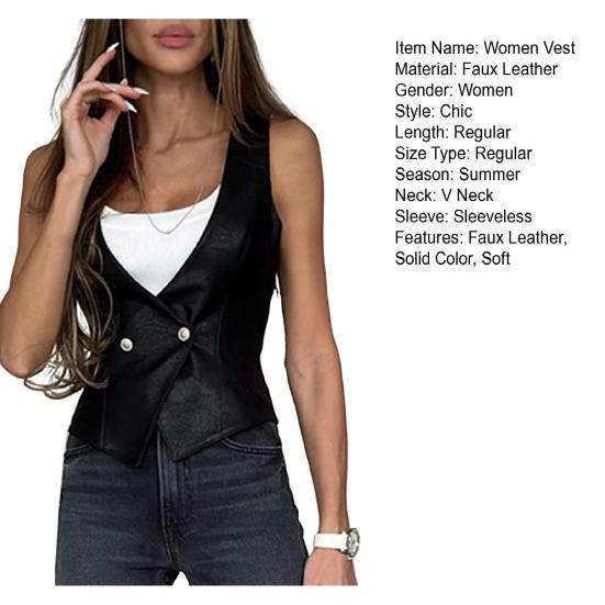 Women Vest Faux Leather Low-cut Sleeveless V Neck Solid Color Slim Fit Button Closure CardiganSoft Breathable Casual