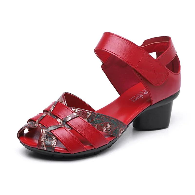 Летние женские сандалии Fish Mouth в стиле ретро, этнические, на толстом каблуке, туфли для мам, мягкие, подошва, одинарные туфли из коровьей кожи, дышащие, полые