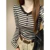 Contrasting Striped Semi-open Neck Button Front Shoulder Long-sleeved T-shirt Women's Spring New Slim-fit Spice Girl Top Base