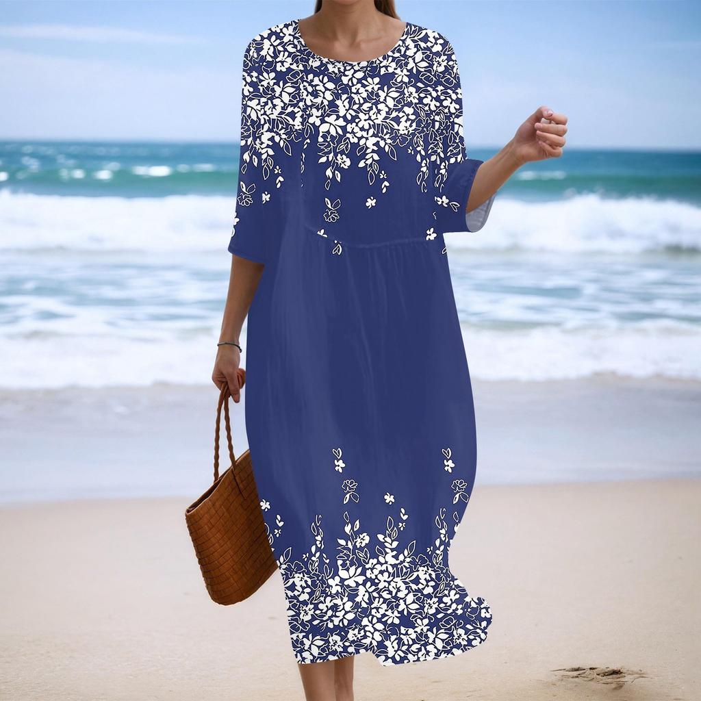 Женское модное платье свободного кроя с принтом, круглым вырезом и рукавом три четверти