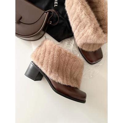 Версия из коровьей кожи~ ретро плюшевые ботинки плюшевые теплые квадратный носок толстый каблук короткие ботинки женские универсальные темпераментные плюшевые угги