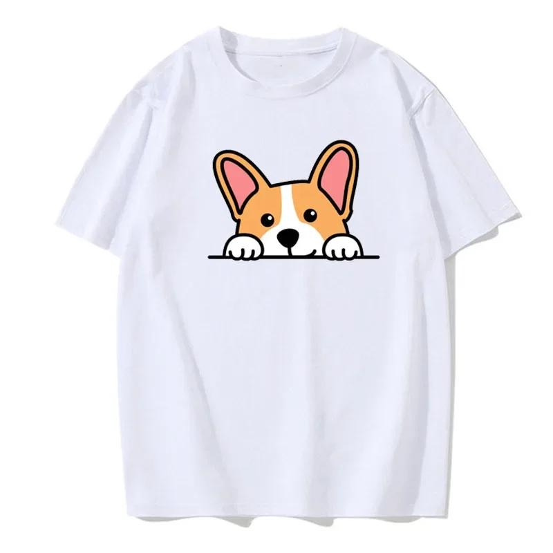 Cute Dog Corgi Print Summer Short-sleeved Casual Daily Versatile Men's Top Cotton European Size Comfortable T-shirt